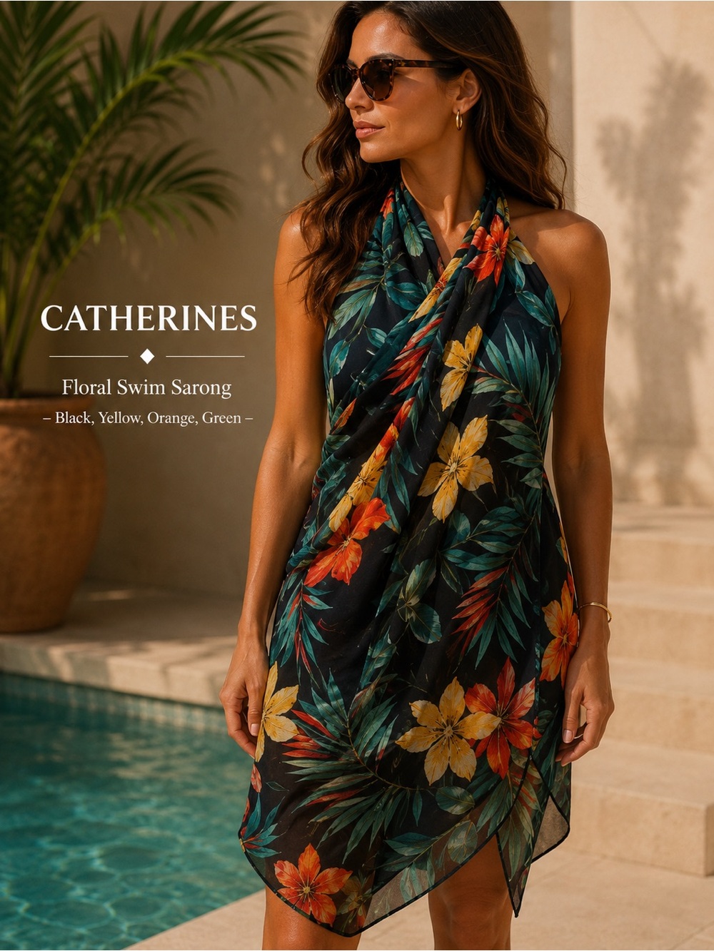 Catherines‎ Floral Swim Sarong - Black, Yellow, Orange, Green Size 0X-2X